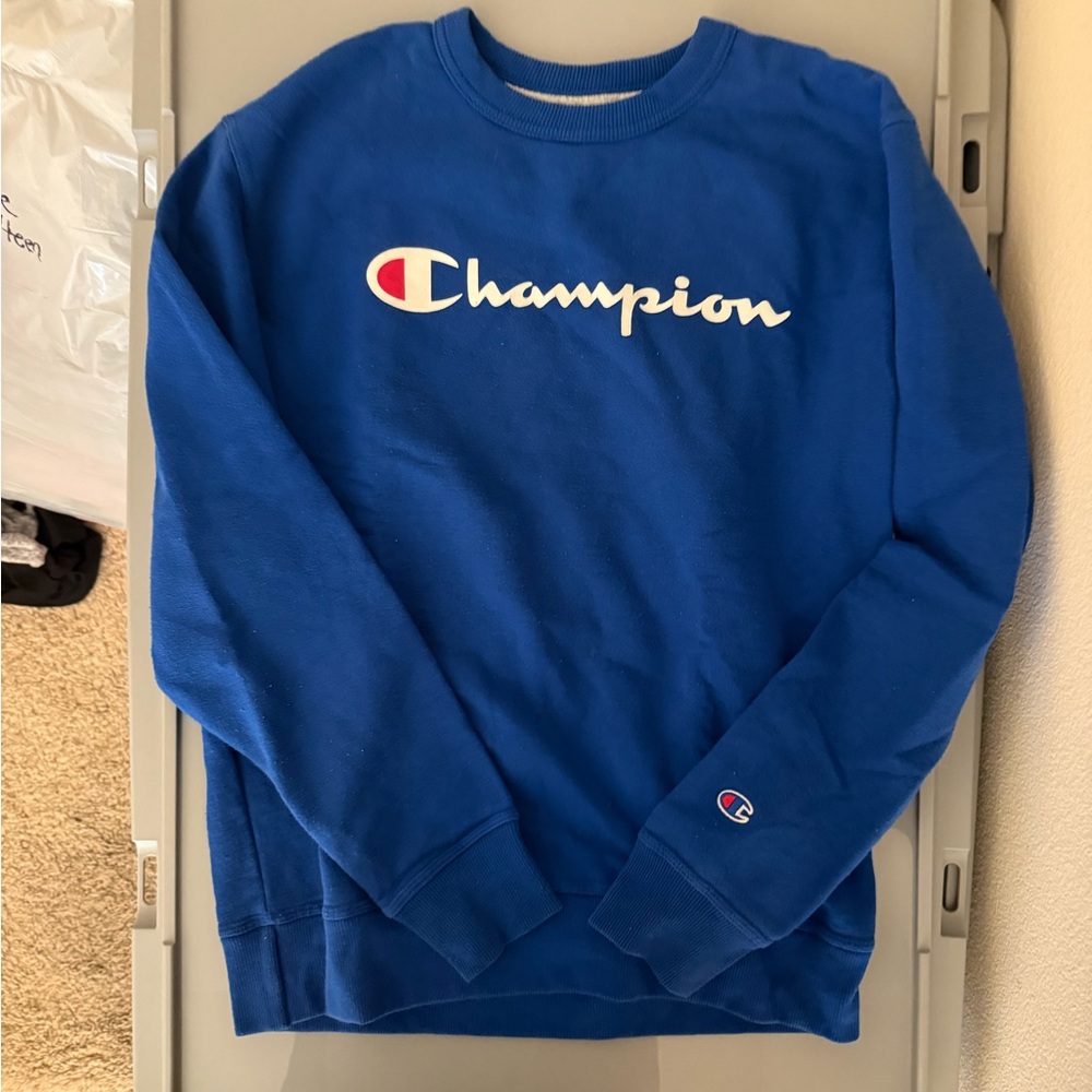 Champion Blue Crewneck Sweatshirt with White & Red Logo